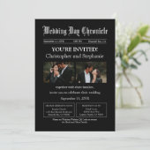 Moderne Zwarte Twee Foto QR Code Krant Trouwen Kaart (Staand voorkant)