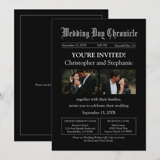 Moderne Zwarte Twee Foto QR Code Krant Trouwen Kaart (Voorkant / Achterkant)