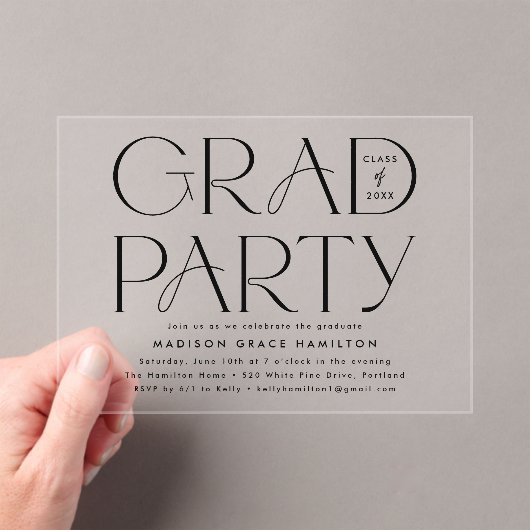 Moderne zwarte typografie afstudeerfeest acryl uitnodigingen (Insitu (Draagbaar))