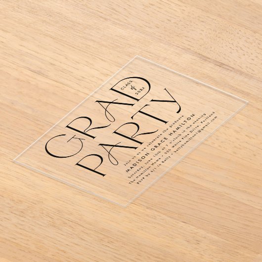 Moderne zwarte typografie afstudeerfeest acryl uitnodigingen (Laagn)