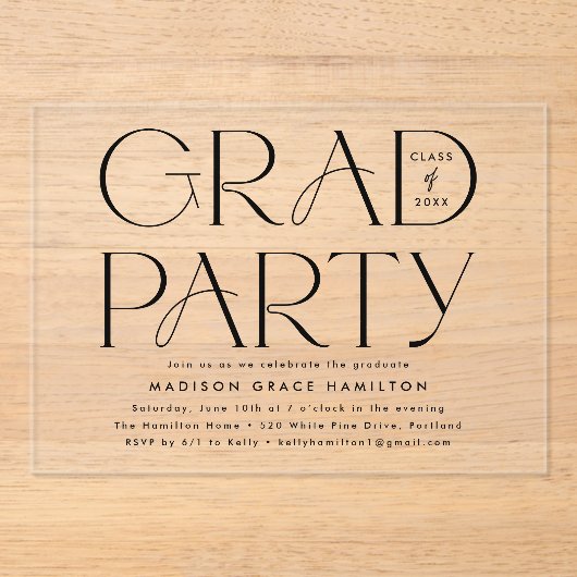 Moderne zwarte typografie afstudeerfeest acryl uitnodigingen (Voorkant)