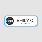 Moderne Zwarte Typografie Blauwe Rand Naamplaatje (Voorkant)