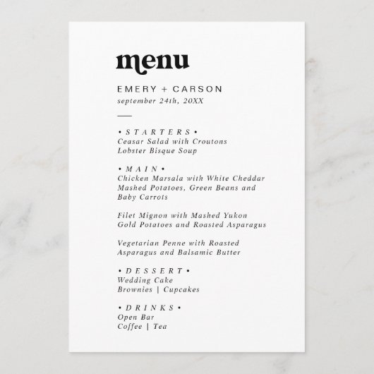 Moderne zwarte typografie dubbelzijdige bruiloft menu (Achterkant)