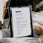 Moderne zwarte typografie dubbelzijdige bruiloft menu<br><div class="desc">Deze moderne zwarte typografie dubbelzijdige bruiloft menukaart is perfect voor een eenvoudige bruiloft. Het minimalistische zwart-wit ontwerp heeft een retro maar eigentijds lettertype met een uniek rustiek bohemien gevoel. Perfect voor elk seizoen. Houd het minimaal, zoals het is, of voeg uw eigen afbeeldingen en illustraties toe. Dit menu kan worden...</div>