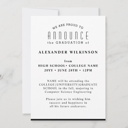 Moderne zwarte Typografie Foto Simple Afstuderen Aankondiging (Achterkant)