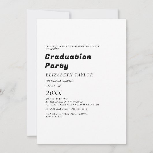 Moderne zwarte typografie grad feest uitnodiging (Voorkant)