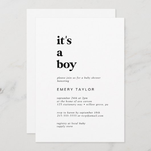 Moderne zwarte Typografie Het is een Baby shower v Kaart (Voorkant / Achterkant)