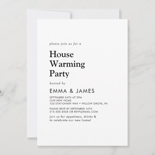 Moderne Zwarte Typografie Housewarming Party Kaart (Voorkant)
