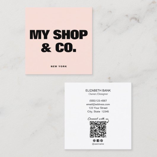 Moderne zwarte typografie QR-code Vierkante Visitekaartje (Voorkant / Achterkant)