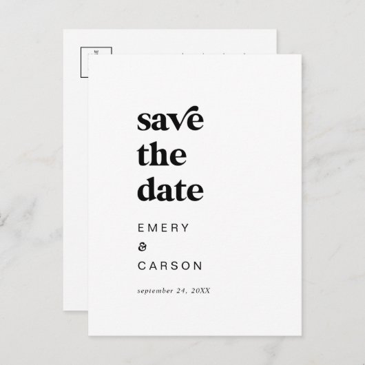 Moderne zwarte typografie Sparen de Datum Uitnodiging Briefkaart (Voorkant / Achterkant)