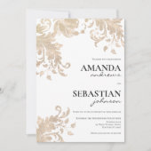 Moderne zwarte typografie wit goud bloemenbruiloft kaart (Voorkant)