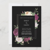 Moderne zwarte uitnodiging met Burgundy Peonies (Voorkant)