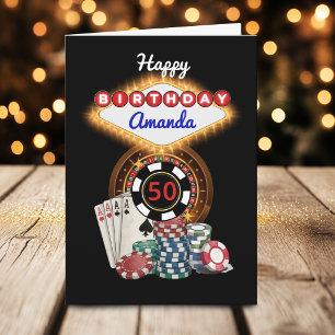 Moderne Zwarte Vegas Casino Nacht Thema Verjaardag Kaart