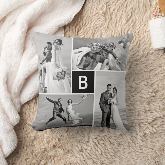 Moderne Zwarte Vierkante Raster Monogram 4 Foto Co Kussen (Deken)