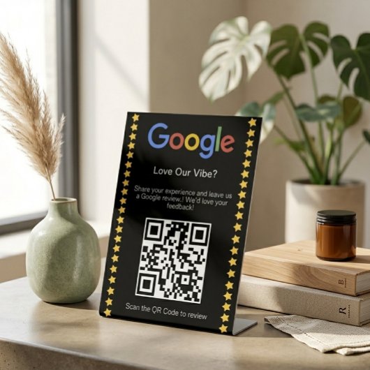 Moderne Zwarte Vijf Sterren Google Review QR Code Reclamebord Met Voetstuk
