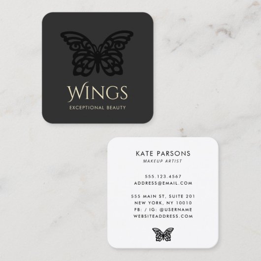 Moderne zwarte vlinder vierkante visitekaartje (Voorkant / Achterkant)