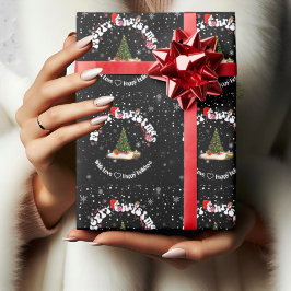 Moderne zwarte vrolijke kerst ronde graffiti cadeaupapier