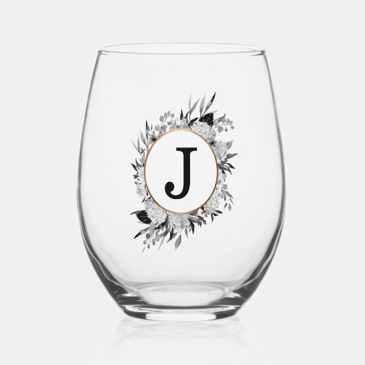 Moderne zwarte Waterverf Floral Monogram Faux Gold Wijnglas Zonder Voet (Voorkant)