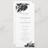 Moderne zwarte Waterverf Rozen Bloemenbruiloft Programmakaart (Voorkant / Achterkant)