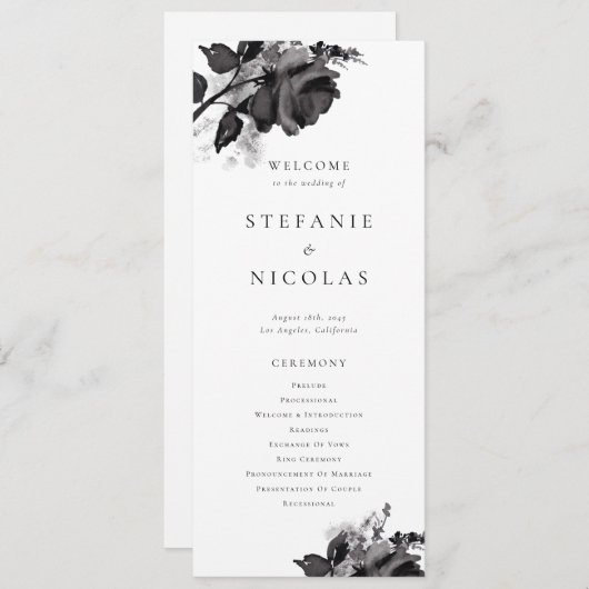 Moderne zwarte Waterverf Rozen Bloemenbruiloft Programmakaart (Voorkant / Achterkant)