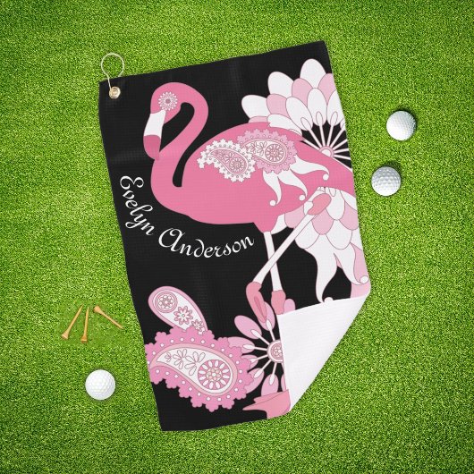 Moderne Zwarte Whimsical Tropische Vogel Roze Flam Golfhanddoek