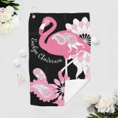 Moderne Zwarte Whimsical Tropische Vogel Roze Flam Golfhanddoek