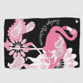 Moderne Zwarte Whimsical Tropische Vogel Roze Flam Golfhanddoek (Horizontaal)
