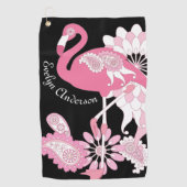 Moderne Zwarte Whimsical Tropische Vogel Roze Flam Golfhanddoek (Voorkant)