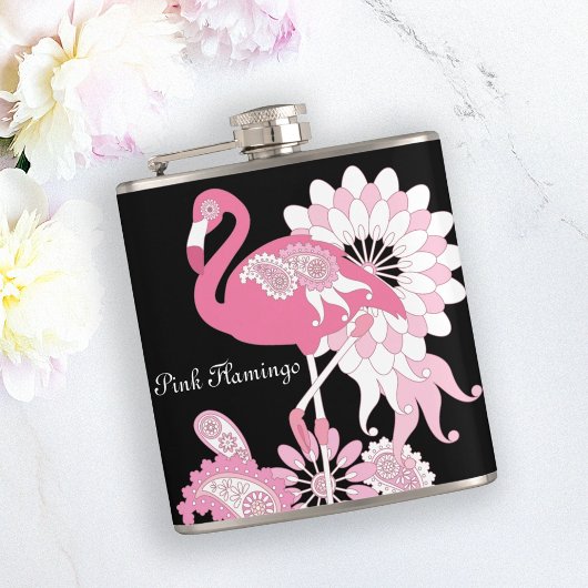 Moderne Zwarte Whimsical Tropische Vogel Roze Flam Heupfles