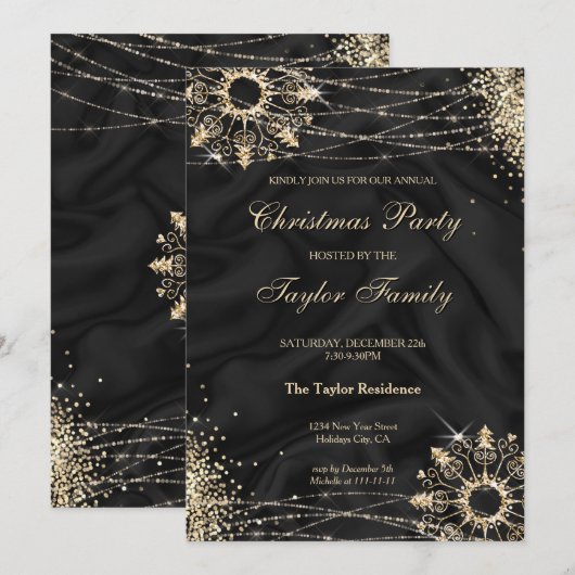 Moderne zwarte wintergouden sneeuwkerstfeest Invi Kaart (Voorkant / Achterkant)