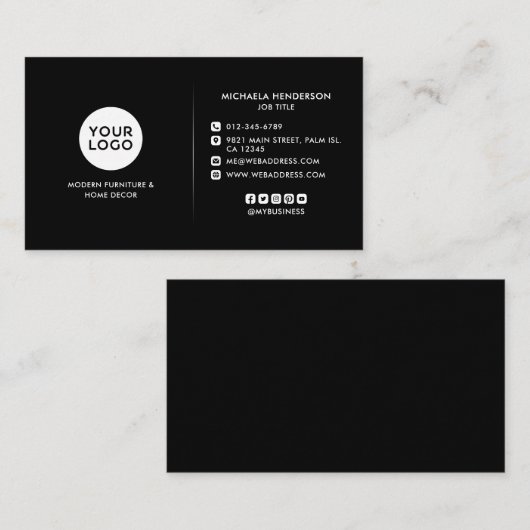 Moderne Zwarte & Witte Aangepaste Logo & Sociale B Visitekaartje (Voorkant / Achterkant)