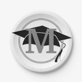 Moderne zwarte witte afstudeerhoed monogram initia papieren bordje