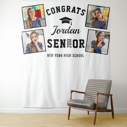 Moderne zwarte witte Afstuderen Foto Booth-achterg Wandkleed (In situ)