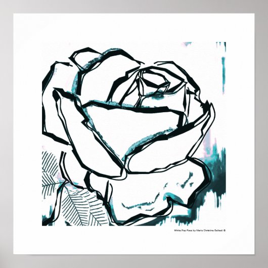Moderne Zwarte Witte Aqua Roos - Pop Art Bloem Poster (Voorkant)