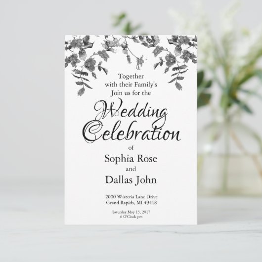 Moderne zwarte witte aquarelrozen bruiloft kaart (Staand voorkant)