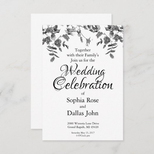 Moderne zwarte witte aquarelrozen bruiloft kaart (Voorkant / Achterkant)