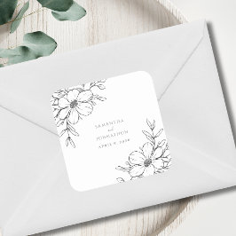 Moderne Zwarte Witte Bloem Lijntekening Huwelijk Vierkante Sticker