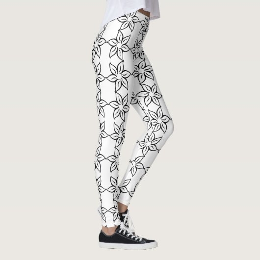 Moderne Zwarte & Witte Bloemige Patroon Leggings (Rechts)