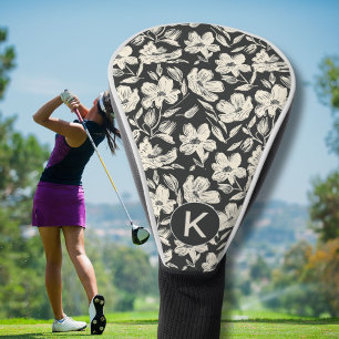 Moderne Zwarte Witte Bloemmotief Monogram Golfheadcover