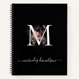 Moderne Zwarte Witte Blush Roze Bloemige Monogram Notitieboek