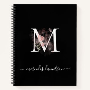 Moderne Zwarte Witte Blush Roze Bloemige Monogram Notitieboek