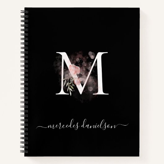Moderne Zwarte Witte Blush Roze Bloemige Monogram Notitieboek (Voorkant)