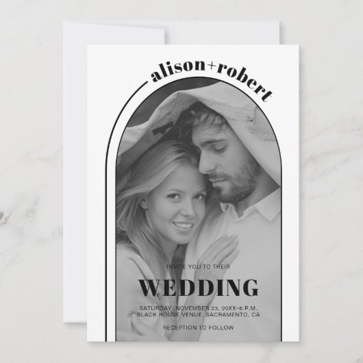 Moderne zwarte witte boog en foto bruiloft kaart (Voorkant)