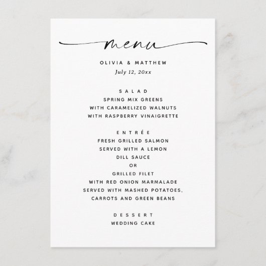 Moderne Zwarte & Witte Bruiloft | Minimalistisch S Menu (Voorkant)