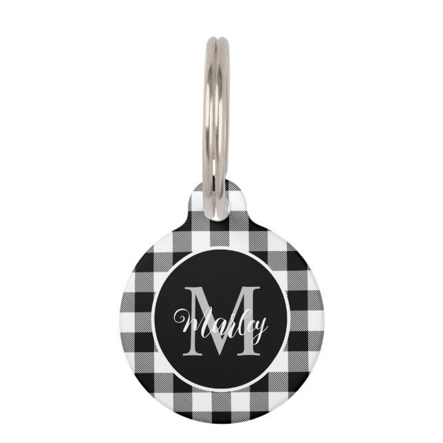 Moderne Zwarte Witte Buffalo Plaid Monogram Naam  Huisdierpenning (Voorkant)