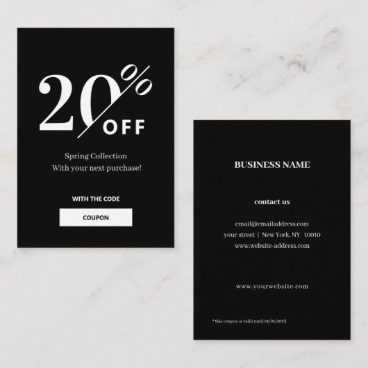    Moderne zwarte & witte Discount kaart Kortingskaartje (Voorkant / Achterkant)