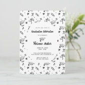 Moderne Zwarte & Witte Doodle Afstudeerfoto Kaart (Staand voorkant)