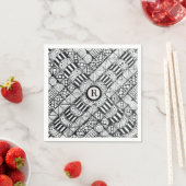 Moderne Zwarte & Witte Doodle Pinwheel & Monogram Servet (Insitu)