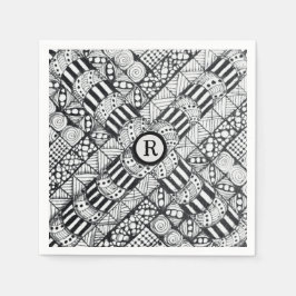 Moderne Zwarte & Witte Doodle Pinwheel & Monogram Servet