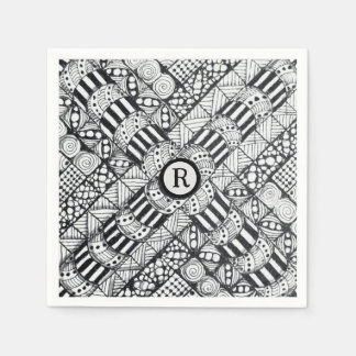 Moderne Zwarte & Witte Doodle Pinwheel & Monogram Servet